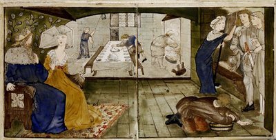 Un conjunto de dieciséis azulejos dispuestos en pares para formar ocho ilustraciones del cuento 